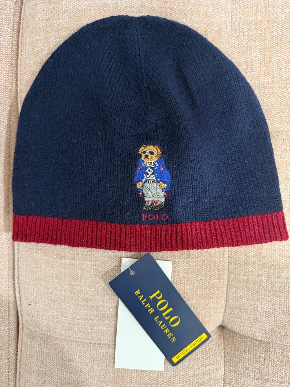 Polo Ralph Lauren Navy Beanie with Red Trim and Bear Embroidery Size 8-20 Youth